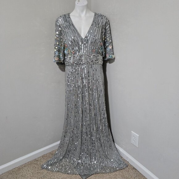 Sz 14 Mac Duggal 5221 Floral Multicolor Sequin Gown with Capelet in Platinum - Picture 4 of 12